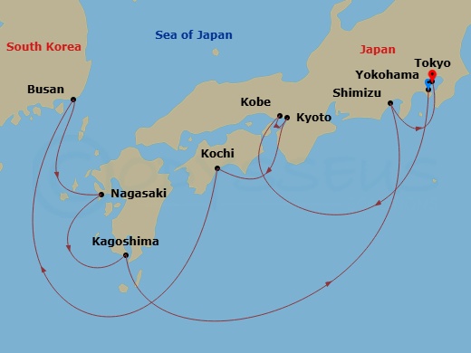 Celebrity Millennium - 12 Night - Best of Japan Cruise - Celebrity Millennium - Starting in Tokyo (Yokohama), Japan, Kobe, Japan, Kyoto (Osaka), Japan, Kochi, Japan, Busan, South Ko.. itinerary map