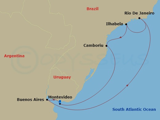 MSC Fantasia - 8 Night - South America - MSC Fantasia - Starting in Montevideo, Uruguay, Buenos Aires, Argentina, Rio De Janeiro, Brazil, Ilhabela, Brazil, Balneario Cambori.. itinerary map