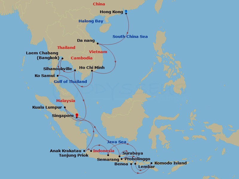 HAL Westerdam - 28 Night - Far East & Indonesian Holiday Collector - HAL Westerdam - Starting in Hong Kong, China, Halong Bay, Vietnam, Da Nang (Hue), Vietnam, Phu My, Vietna.. itinerary map