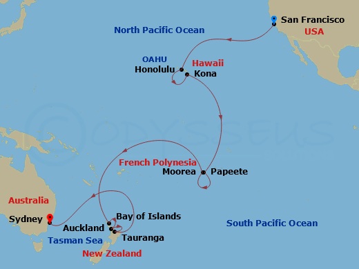 Queen Mary 2 - 26 Night - San Francisco to Sydney - Queen Mary 2 - Starting in San Francisco, CA, Honolulu, HI, Kona, HI, Papeete, French Polynesia, Moorea, French Polynesia.. itinerary map