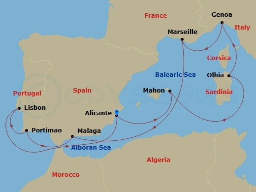 10 Night - Mediterranean - MSC Sinfonia - Starting in Alicante, Spain, Mahon Minorque, Olbia, Italy, Genoa (Portofino), Italy, Marseille (Provence), France, Malaga (Granada), Spain, Portimao, Portugal, Lisbon (Cascais), Portugal, Alicante, Spain itinerary map