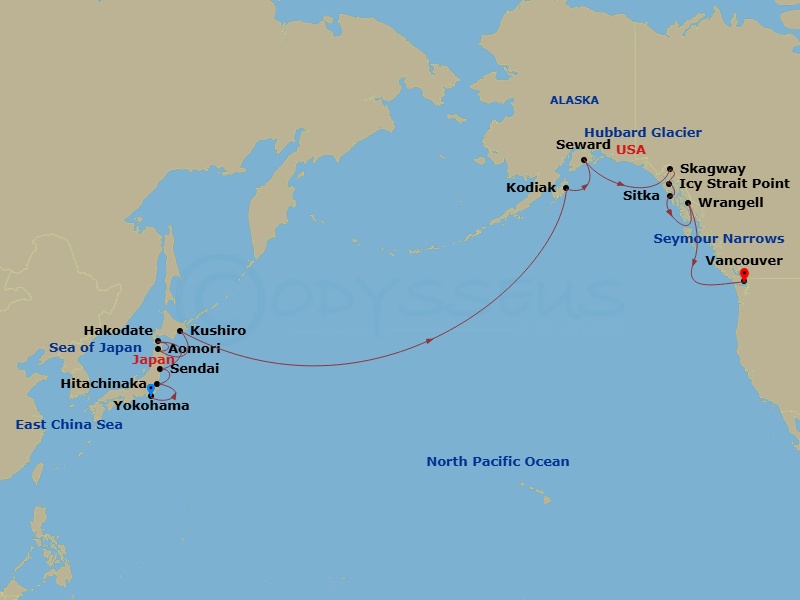 19 Night - Alaska from Yokohama to Vancouver - Crystal Serenity - Starting in Yokohama (Tokyo), Hitachinaka, Sendai, Hakodate (Hokkaido), Aomori, Kushiro, Date Line gain a day, Kodiak Island, Alaska, Seward, Cruise Hubbard Glacier, Alaska, Skagway, Alaska, Icy Strait Point, Alaska, Sitka, Alaska, Wrangell, Seymour Narrows, British Columbia, Vancouver itinerary map