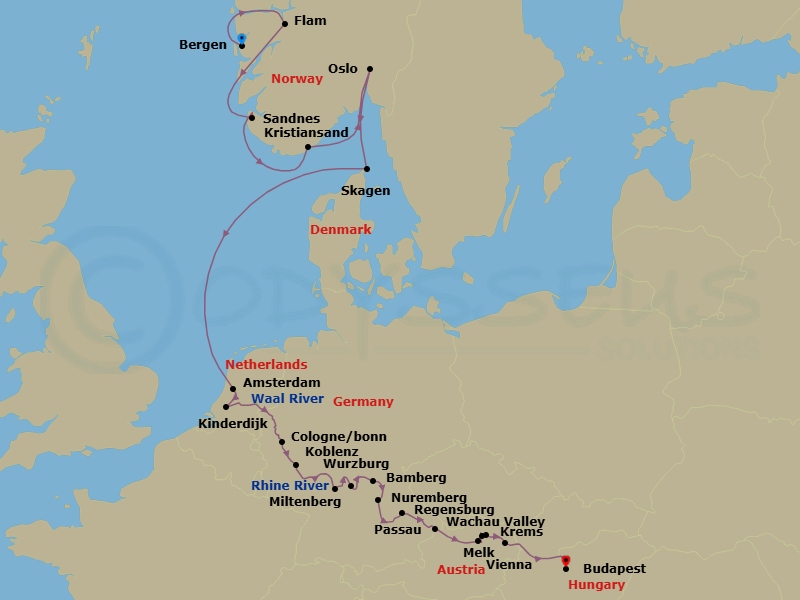 21 Night - Grand European & Viking Fjords - Viking Vela - Starting in Bergen, Flam, Norway, Sandnes, Kristiansand, Oslo, Skagen, Sail the North Sea, Amsterdam, Kinderdijk, Scenic Sailing Waal and Merwede, Cologne, Koblenz, Middle Rhine Scenic Sailing, Miltenberg, Scenic Sailing Main River, Wurzburg, Bamberg, Main-Danube Canal, Nuremberg, Regensburg, Passau, Melk, Scenic Sailing Wachau Valley, Krems, Vienna, Budapest itinerary map
