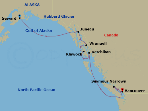 7 Night - Alaska from Seward to Vancouver - Crystal Serenity - Starting in Seward, Cruise Hubbard Glacier, Alaska, Juneau, Alaska, Wrangell, Klawock, Ketchikan, Seymour Narrows, British Columbia, Vancouver itinerary map