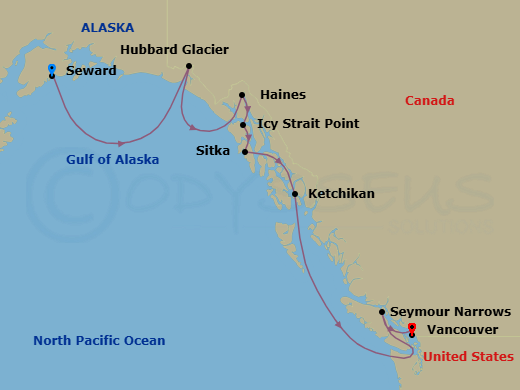 7 Night - Alaska from Seward to Vancouver - Crystal Serenity - Starting in Seward, Cruise Hubbard Glacier, Alaska, Haines, Alaska, Icy Strait Point, Alaska, Sitka, Alaska, Ketchikan, Seymour Narrows, British Columbia, Vancouver itinerary map