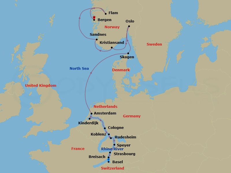 14 Night - Rhine & Viking Shores & Fjords - Viking Eir - Starting in Basel, Breisach, Strasbourg, Speyer, Rudesheim, Middle Rhine Scenic Sailing, Koblenz, Cologne, Scenic Sailing Waal and Merwede, Kinderdijk, Amsterdam, Sail the North Sea, Skagen, Oslo, Kristiansand, Sandnes, Flam, Norway, Bergen itinerary map