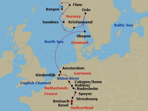 14 Night - Rhine & Viking Shores & Fjords - Viking Vela - Starting in Bergen, Flam, Norway, Sandnes, Kristiansand, Oslo, Skagen, Sail the North Sea, Amsterdam, Kinderdijk, Scenic Sailing Waal and Merwede, Cologne, Koblenz, Middle Rhine Scenic Sailing, Rudesheim, Speyer, Strasbourg, Breisach, Basel itinerary map