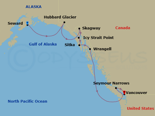 7 Night - Alaska from Seward to Vancouver - Crystal Serenity - Starting in Seward, Cruise Hubbard Glacier, Alaska, Skagway, Alaska, Icy Strait Point, Alaska, Sitka, Alaska, Wrangell, Seymour Narrows, British Columbia, Vancouver itinerary map