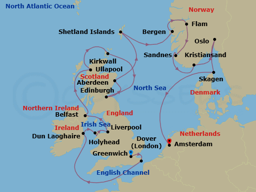 21 Night - British Isles & Viking Shores - Viking Vela - Starting in London (Greenwich), Dover UK, Scenic Sailing English Channel, Dublin (Dun Laoghaire), Holyhead, Liverpool, Belfast, The Highlands (Ullapool), Orkney Islands (Kirkwall), Edinburgh (Newhaven Harbour), Aberdeen, Shetland Islands (Lerwick), Bergen, Flam, Norway, Sandnes, Kristiansand, Oslo, Skagen, Sail the North Sea, Amsterdam itinerary map