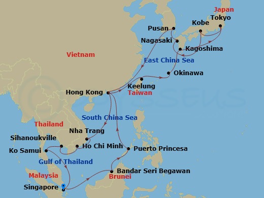 Costa Serena - 29 Night - Far East from Singapore - Costa Serena - Starting in Singapore, Bandar Seri Begawan, Brunei, Puerto Princesa, Hong Kong, Keelung, Taiwan, Okinawa (.. itinerary map