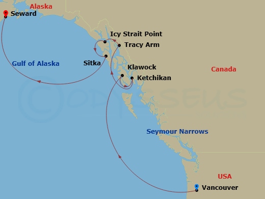 Crystal Symphony - 8 Night - Alaska from Vancouver to Seward - Crystal Symphony - Starting in Vancouver, Seymour Narrows, British Columbia, Klawock, Ketchikan, Tracy Arm, Alaska.. itinerary map