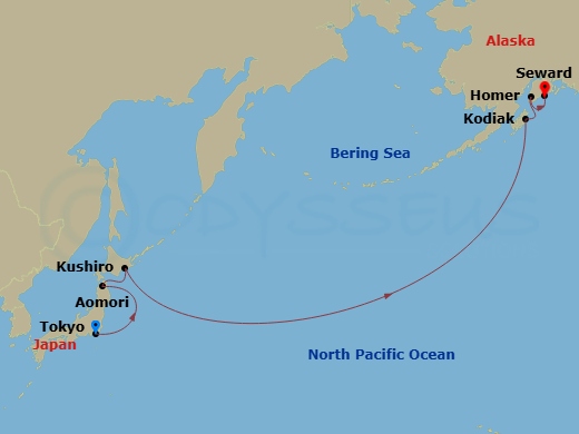 Crystal Symphony - 11 Night - Transoceanic - Crystal Symphony - Starting in Tokyo, Aomori, Kushiro, Date Line gain a day, Kodiak Island, Alaska, Homer, Seward itinerary map