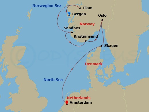 7 Night - Viking Shores & Fjords - Viking Vela - Starting in Bergen, Flam, Norway, Sandnes, Kristiansand, Oslo, Skagen, Sail the North Sea, Amsterdam itinerary map