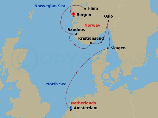 7 Night - Viking Shores & Fjords - Viking Vela - Starting in Amsterdam, Sail the North Sea, Skagen, Oslo, Kristiansand, Sandnes, Flam, Norway, Bergen itinerary map