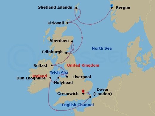 14 Night - British Isles Explorer - Viking Saturn - Starting in Bergen, Shetland Islands (Lerwick), Orkney Islands (Kirkwall), Edinburgh (Newhaven Harbour), Aberdeen, Sail the North Sea, Belfast, Liverpool, Holyhead, Dublin (Dun Laoghaire), Scenic Sailing English Channel, Dover UK, London (Greenwich) itinerary map