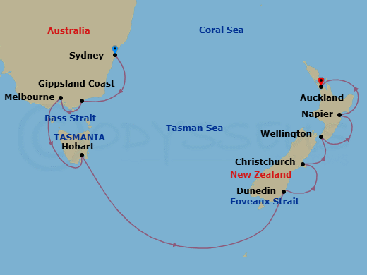 14 Night - Australia & New Zealand - Viking Orion - Starting in Sydney AU, Sail the Gippsland Coast, Melbourne, Scenic Sailing Bass Strait, Tasmania (Hobart), Sail the Tasman Sea, Scenic Sailing Foveaux Strait, Dunedin, Christchurch, Wellington, Napier, Auckland itinerary map
