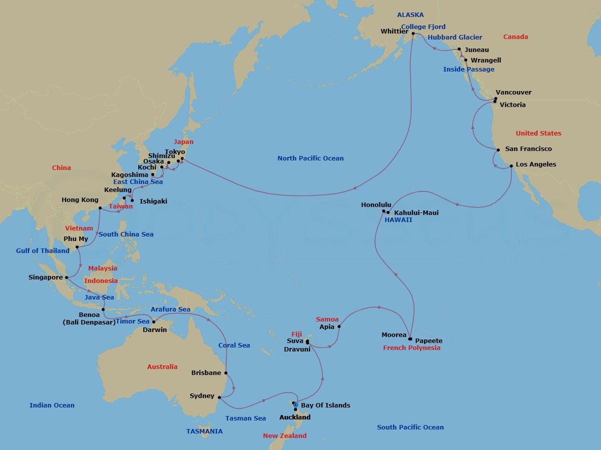 79 Night - Circle Pacific (Roundtrip Auckland) - Grand Princess - Starting in Auckland, New Zealand, Bay of Islands, New Zealand, Suva, Fiji, Dravuni Island, Fiji, Apia, Western Samoa, Cross International Date Line, Tahiti (Papeete), French Polynesia, Moorea, French Polynesia, Honolulu, Hawaii, Kahului, Hawaii, Los Angeles, California, San Francisco, California, Victoria CA, Vancouver, Canada, Wrangell, Alaska, Juneau, Alaska, Hubbard Glacier (Scenic Cruising), Alaska, College Fjord (Scenic Cruising), Alaska, Anchorage (Whittier), Alaska, Cross International Date Line, Tokyo, Japan, Shimizu (for Mount Fuji), Japan, Osaka (for Kyoto), Japan, Kochi, Japan, Kagoshima, Japan, Ishigaki, Japan, Taipei (Keelung), Hong Kong, Ho Chi Minh City (Phu My), Vietnam, Singapore, Bali (Benoa), Indonesia, Darwin, Australia, Brisbane, Australia, Sydney AU, Auckland, New Zealand itinerary map