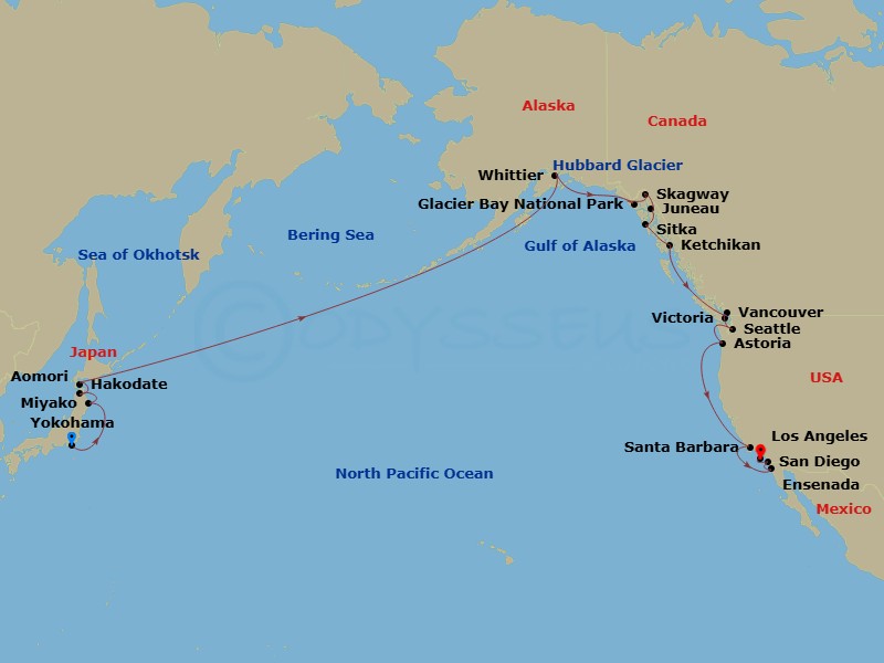 Coral Princess - 30 Night - Alaska & North Pacific Crossing - Coral Princess - Starting in Tokyo (Yokohama), Japan, Miyako, Japan, Aomori, Japan, Hakodate, Japan, Cross Intern.. itinerary map