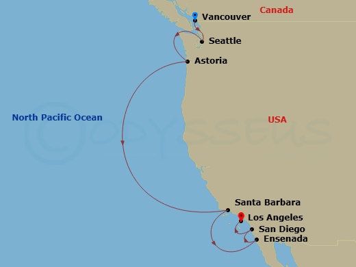 Coral Princess - 9 Night - Wine Country Coastal - Coral Princess - Starting in Vancouver, Canada, Seattle, Washington, Astoria, Oregon, Santa Barbara, California, Ensenada, Me.. itinerary map