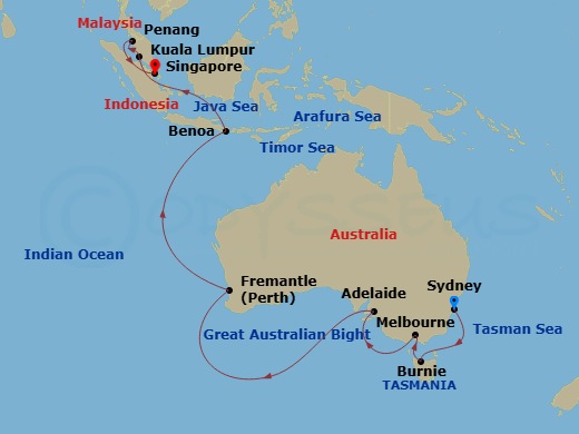 Coral Princess - 20 Night - Australia & Southeast Asia - Coral Princess - Starting in Sydney AU, Burnie, Australia, Melbourne, Australia, Adelaide, Australia, Perth (Fremantle.. itinerary map