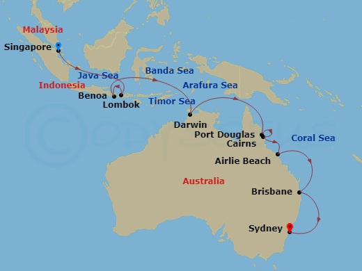 Crown Princess - 18 Night - Asia & Australia - Crown Princess - Starting in Singapore, Lombok, Indonesia, Bali (Benoa), Indonesia, Darwin, Australia, Port Douglas, Australia,.. itinerary map