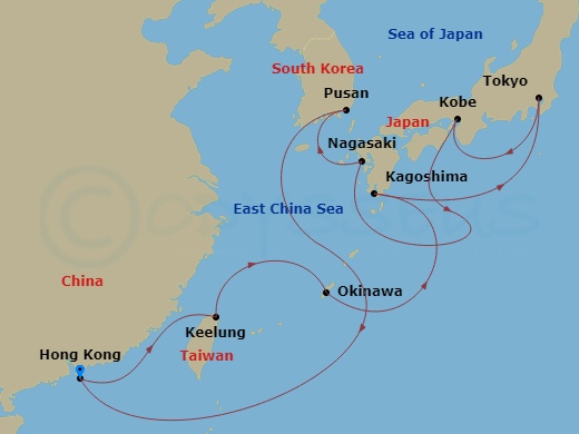 Costa Serena - 7 Night - Far East from Tokyo - Costa Serena - Starting in Tokyo, Kobe (Kyoto), Nagasaki, Pusan, Hong Kong itinerary map