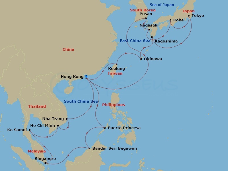 Costa Serena - 28 Night - Far East from Hongkong - Costa Serena - Starting in Hong Kong, Nha Trang, Phu My, Vietnam, Koh Samui, Thailand, Singapore, Bandar Seri Begawan, Bru.. itinerary map