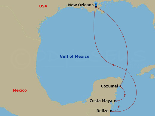 RCL Mariner of the Seas - 7 Night - Western Caribbean Cruise - RCL Mariner of the Seas - Starting in New Orleans, Louisiana, Cozumel, Mexico, Puerto Costa Maya, Mexico, Belize City, Be.. itinerary map