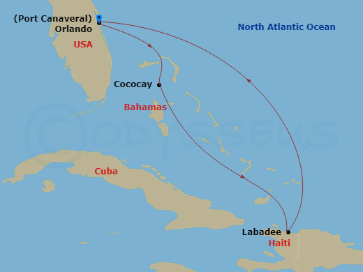 RCL Adventure of the Seas - 5 Night - Perfect Day Cococay & East Carib - RCL Adventure of the Seas - Starting in Orlando (Port Canaveral), Fl, Labadee, Haiti, Perfect Day Cococay, Bahama.. itinerary map