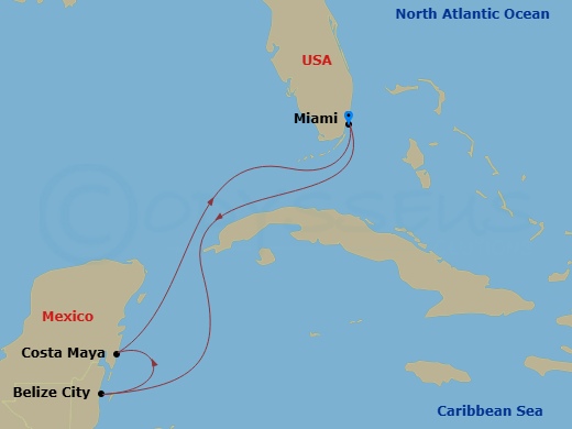 RCL Freedom of the Seas - 5 Night - Western Caribbean Getaway - RCL Freedom of the Seas - Starting in Miami, Florida, Belize City, Belize, Puerto Costa Maya, Mexico, Miami, Florida itinerary map