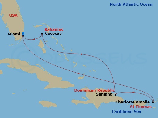RCL Independence of the Seas - 7 Night - Perfect Day Cococay & East Carib - RCL Independence of the Seas - Starting in Miami, Florida, Charlotte Amalie, St Thomas, Samana, Dominican Republi.. itinerary map