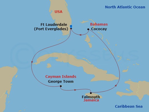 RCL Explorer of the Seas - 6 Night - Perfect Day Cococay & West Carib - RCL Explorer of the Seas - Starting in Fort Lauderdale, Florida, George Town, Grand Cayman, Falmouth, Jamaica, Pe.. itinerary map