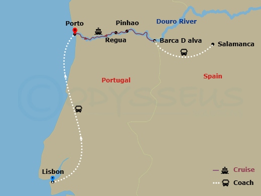 Viking Gyda Cruise Tours - 9 Night - Portugal's River of Gold - Viking Gyda Cruise Tours - Starting in Lisbon, Porto, Regua, Pinhao, Scenic Sailing : Douro River, Barca dAlva, Salamanca.. itinerary map
