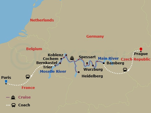 Viking Alsvin Cruise Tours - 11 Night - Cities of Light - Viking Alsvin Cruise Tours - Starting in Paris, Trier, Bernkastel, Cochem, Koblenz, Middle Rhine Scenic Sailing, Heidelberg, Scen.. itinerary map