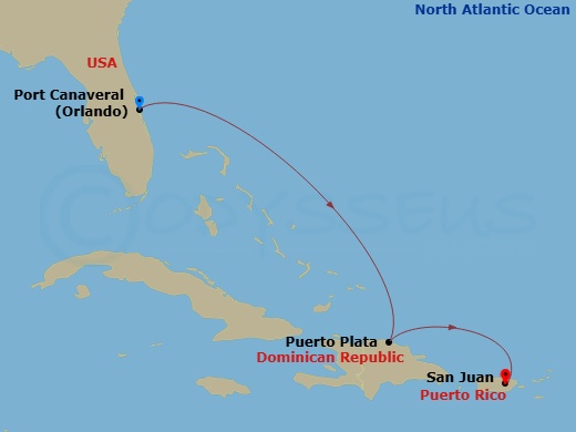 NCL Norwegian Prima - 3 Night - Eastern Caribbean - Port Canaveral - NCL Norwegian Prima - Starting in Orlando Beaches / Port Canaveral, Fl, Puerto Plata, Dominican Republic, San J.. itinerary map