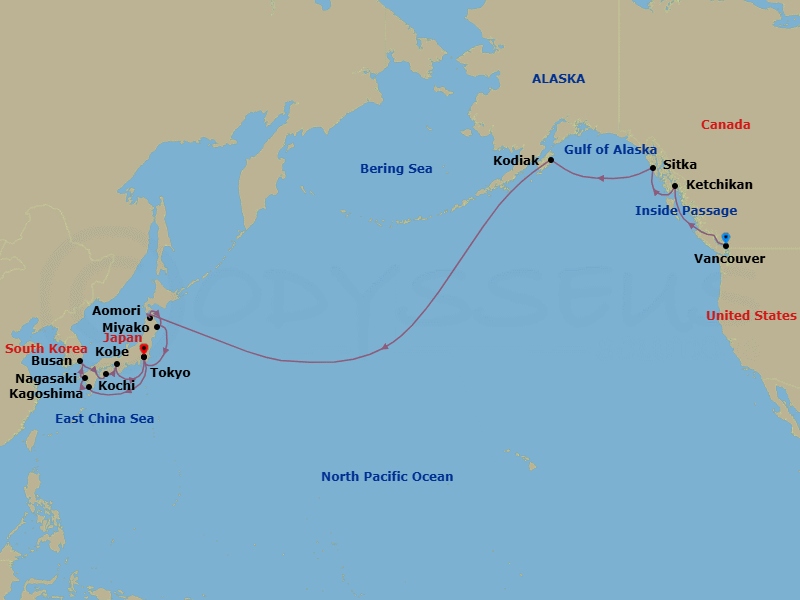 26 Night - Alaska from Vancouver to Tokyo - Silver Moon - Starting in Vancouver, Inside Passage, Ketchikan, Sitka, Kodiak Island, Date Line lose a day, Aomori, Miyako, Tokyo, Kagoshima, Nagasaki, Busan, Kochi, Kobe itinerary map