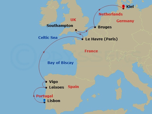 Costa Diadema - 9 Night - Transatlantic from Lisbona - Costa Diadema - Starting in Lisbon, Leixoes, Vigo, Le Havre, Southampton, Zeebrugge, Kiel itinerary map