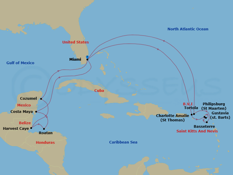 17 Night - Tropical Serenade - Oceania Allura - Starting in Miami, Costa Maya, Mexico, Roatan, Harvest Caye, Cozumel, Mexico, Miami, Charlotte Amalie, Philipsburg, Gustavia, Basseterre, Tortola, Miami itinerary map