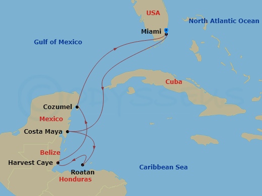 Oceania Allura - 7 Night - Tropical Retreats - Oceania Allura - Starting in Miami, Costa Maya, Mexico, Roatan, Harvest Caye, Cozumel, Mexico, Miami itinerary map