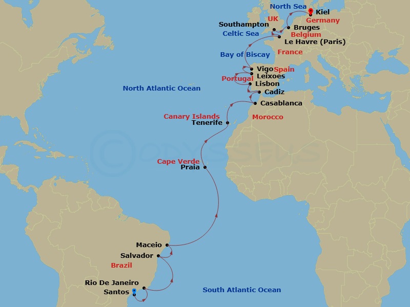 Costa Diadema - 26 Night - Transatlantic from Santos - Costa Diadema - Starting in Santos, Rio De Janeiro, Salvador Bahia, Maceio, Praia, Santa Cruz de Tenerife, Casablanca,.. itinerary map