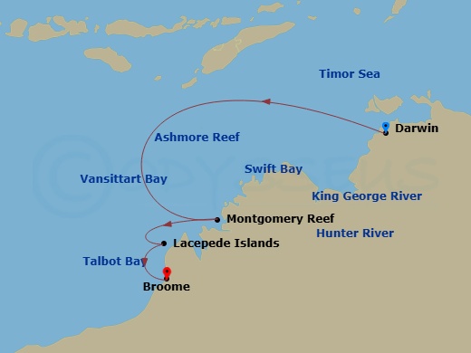 10 Night - Kimberley Expedition : Waterfalls & Wanjinas - Seabourn Pursuit - Starting in Darwin, Australia, King George River, Western Australia, Australia, Vansittart Bay, Western Australia, Australia, Ashmore Reef, Australia, Hunter River, Western Australia, Australia, Swift Bay, Australia, Montgomery Reef, Western Australia, Australia, Freshwater Cove, Western Australia, Australia, Talbot Bay, Western Australia, Australia, Lacepede Islands, Western Australia, Australia, Broome, Western Australia, Australia itinerary map
