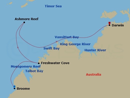 10 Night - Kimberley Expedition : Waterfalls & Wanjinas - Seabourn Pursuit - Starting in Broome, Western Australia, Australia, Yampi Sound, Western Australia, Australia, Talbot Bay, Western Australia, Australia, Montgomery Reef, Western Australia, Australia, Freshwater Cove, Western Australia, Australia, Swift Bay, Australia, Hunter River, Western Australia, Australia, Ashmore Reef, Australia, Vansittart Bay, Western Australia, Australia, King George River, Western Australia, Australia, Darwin, Australia itinerary map