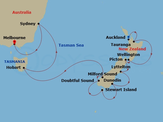 Silver Moon - 18 Night - Auckland to Melbourne - Silver Moon - Starting in Auckland, Tauranga, Wellington, Picton, Lyttelton (Christchurch), Dunedin (Port Chalmers), Stewar.. itinerary map