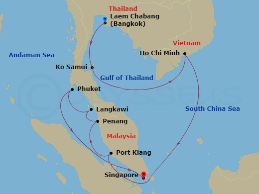 NCL Norwegian Sun - 11 Night - Asia - South East - NCL Norwegian Sun - Starting in Laem Chabang, Thailand, Ko Samui, Thailand, Phu My / Ho Chi Minh City, Viet Nam, Port Klang / K.. itinerary map