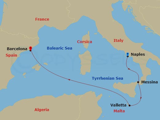MSC Magnifica - 4 Night - Mediterranean - MSC Magnifica - Starting in Naples (Pompeii), Italy, Messina (Taormina), Italy, La Valletta, Malta, Barcelona, Spain itinerary map