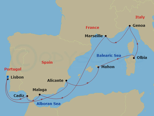 10 Night - Mediterranean - MSC Sinfonia - Starting in Lisbon (Cascais), Portugal, Alicante, Spain, Mahon, Menorca, Spain, Olbia, Italy, Genoa (Portofino), Italy, Marseille (Provence), France, Malaga (Granada), Spain, Cadiz (Seville), Spain, Lisbon (Cascais), Portugal itinerary map