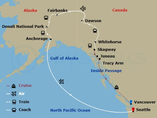 HAL Koningsdam Cruise Tours - 13 Night - Denali & Yukon Y3c - Tour Y3c - HAL Koningsdam Cruise Tours - Starting in Vancouver, BC, CA, Scenic Cruising the Inside Passage, Tracy Arm Inlet, J.. itinerary map