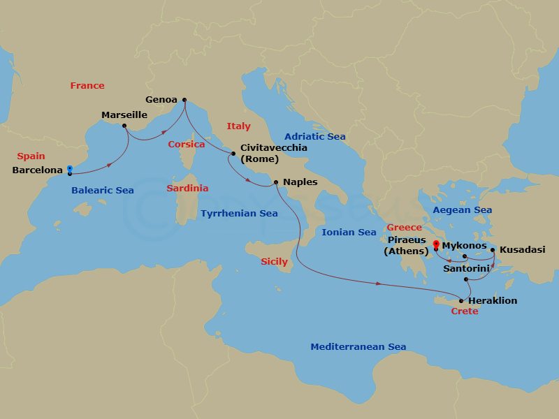 10 Night - Mediterranean with Greek Isles & Italy - Sun Princess - Starting in Barcelona, Spain, Marseille (Provence), France, Genoa (for Cinque Terre), Italy, Civitavecchia (for Rome), Italy, Naples, Italy (for Capri and Pompeii), Crete (Heraklion), Greece, Santorini, Greece, Kusadasi, Turkey (for Ephesus), Mykonos, Greece, Athens (Piraeus), Greece itinerary map