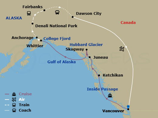 17 Night - Denali & Yukon Y1c - Tour Y1c - Nieuw Amsterdam Tours - Starting in Vancouver, BC, CA, Scenic Cruising the Inside Passage, Ketchikan, Alaska, Juneau, Alaska, Skagway, Alaska, Cruising Hubbard Glacier, College Fjord, Whittier, Alaska, Anchorage, Alaska, Denali National Park, Fairbanks, Dawson City, Vancouver, BC, CA itinerary map