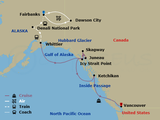 13 Night - Denali & Yukon Y7l - Tour Y7l - Westerdam Tours - Starting in Fairbanks, Dawson City, Denali National Park, Whittier, Alaska, Cruising Hubbard Glacier, Icy Strait Point, Alaska, Skagway, Alaska, Juneau, Alaska, Ketchikan, Alaska, Scenic Cruising the Inside Passage, Vancouver, BC, CA itinerary map
